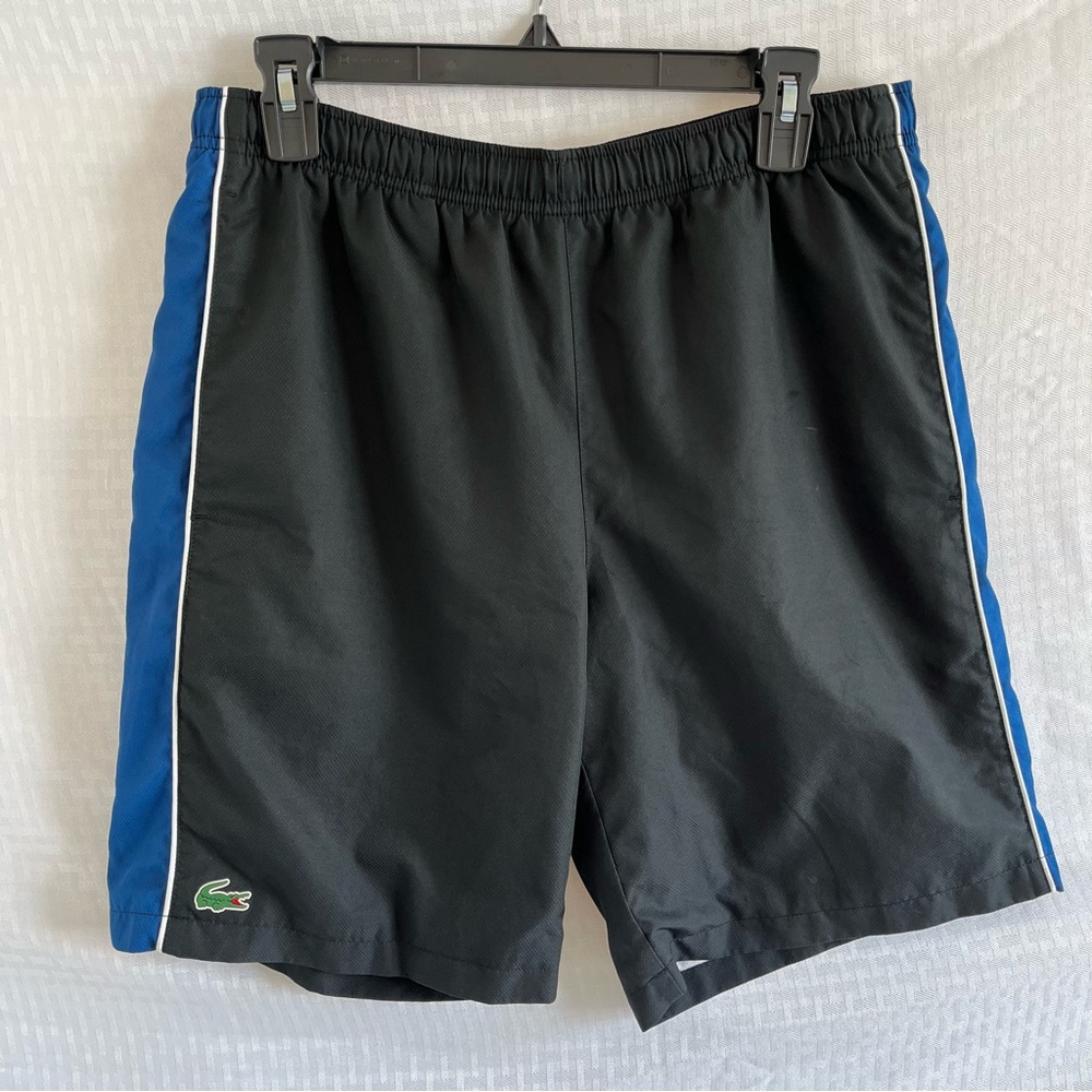 Lacoste Sport Striped Racer Tennis Shorts Black With Blue Stripes Size Medium